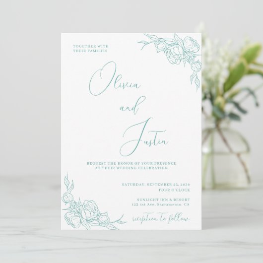 Turquoise Peony Elegance bruiloft Kaart (Staand voorkant)