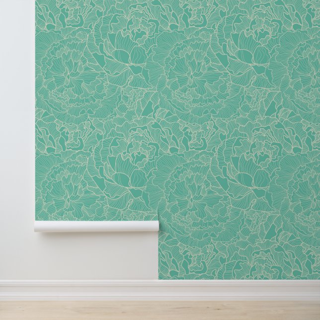 Turquoise Peony Pattern Behang (Applicatie)