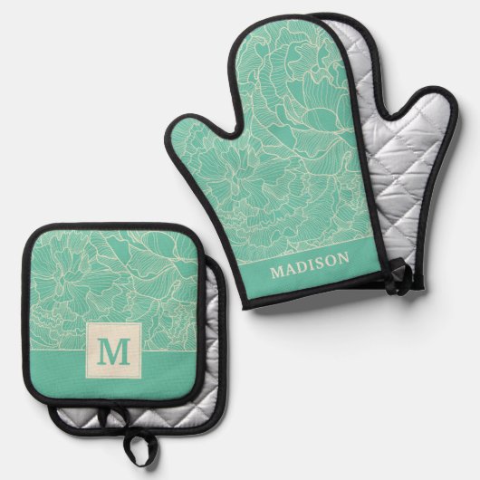 Turquoise Peony Pattern Ovenwant & Pannenlap Set (Voorkant / Achterkant)