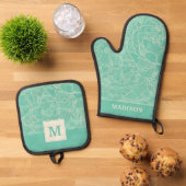 Turquoise Peony Pattern Ovenwant & Pannenlap Set (Top down)