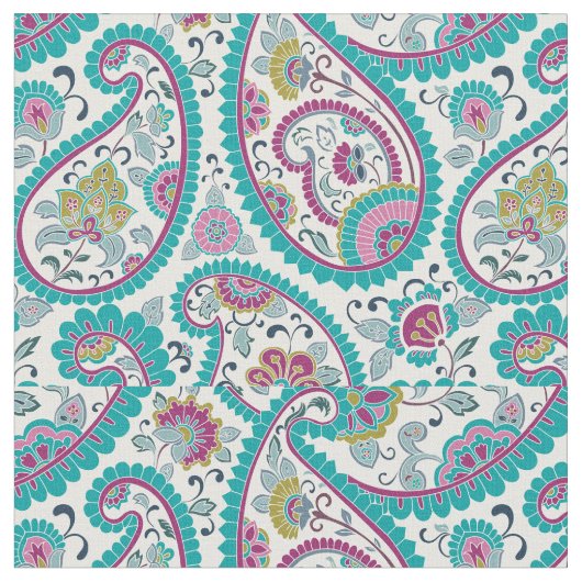 Turquoise Persian Boteh Paisley Pattern Fabric Stof (Close Up)