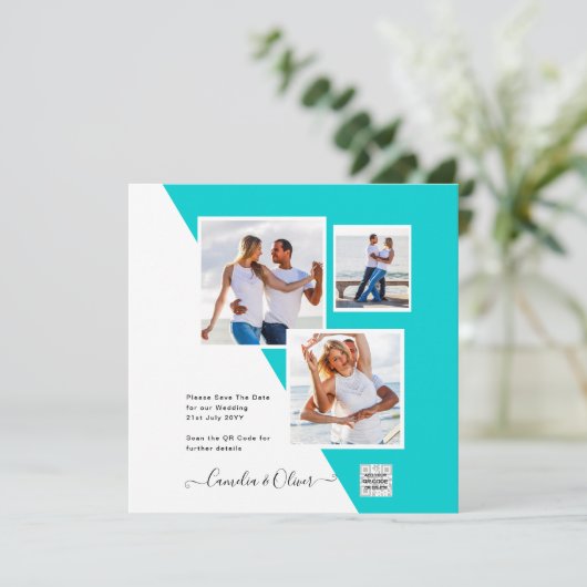 Turquoise Photo Wedding Invite QR Code Save Date (Staand voorkant)