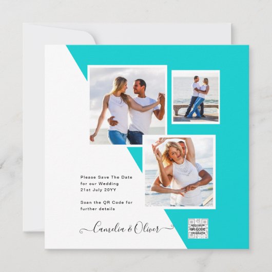 Turquoise Photo Wedding Invite QR Code Save Date (Voorkant)