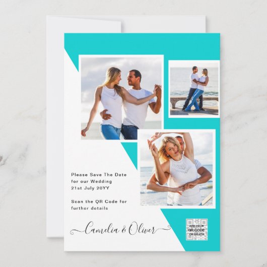 Turquoise Photo Wedding Invite QR Code Save Date Kaart (Voorkant)