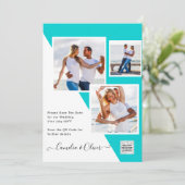 Turquoise Photo Wedding Invite QR Code Save Date Kaart (Staand voorkant)