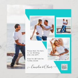 Turquoise Photo Wedding Invite QR Code Save Date Kaart