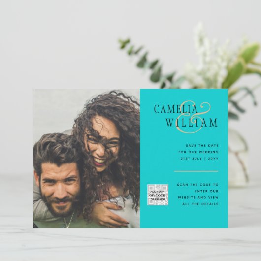 Turquoise Photo Wedding Invite QR Code Save Date Kaart (Staand voorkant)