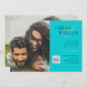 Turquoise Photo Wedding Invite QR Code Save Date Kaart (Voorkant / Achterkant)