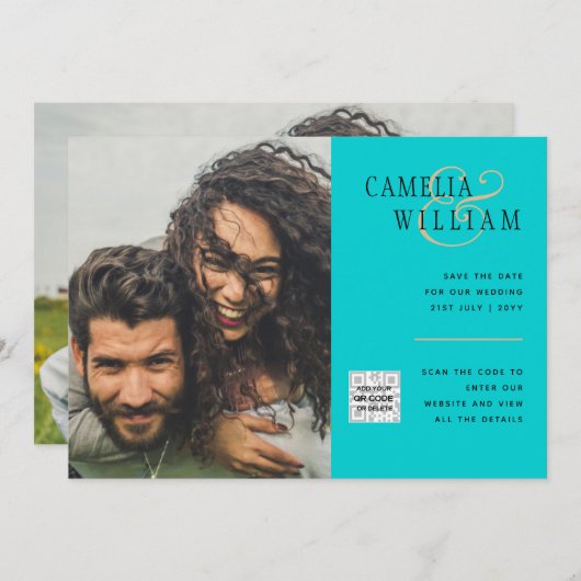 Turquoise Photo Wedding Invite QR Code Save Date Kaart (Voorkant / Achterkant)