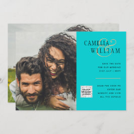Turquoise Photo Wedding Invite QR Code Save Date Kaart