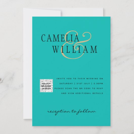 Turquoise Photo Wedding Invite QR Code Save Date Kaart (Voorkant)