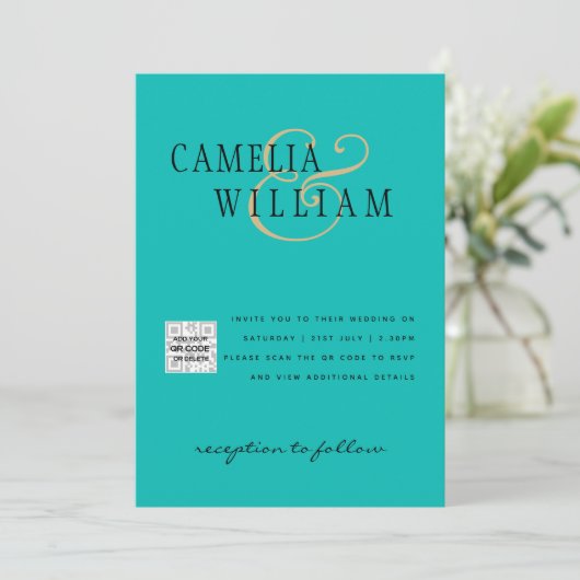 Turquoise Photo Wedding Invite QR Code Save Date Kaart (Staand voorkant)