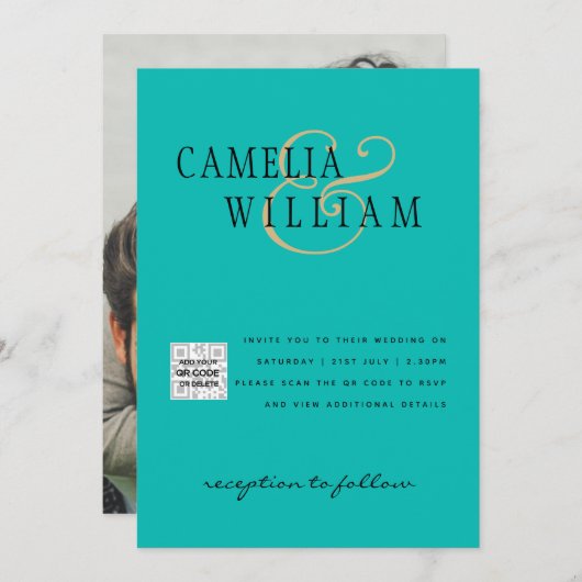 Turquoise Photo Wedding Invite QR Code Save Date Kaart (Voorkant / Achterkant)