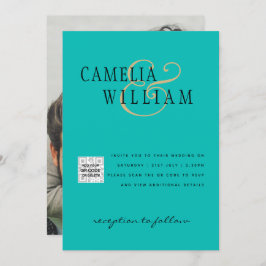 Turquoise Photo Wedding Invite QR Code Save Date Kaart
