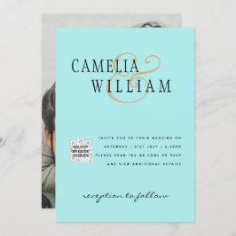 Turquoise Photo Wedding Invite QR Code Save Date Kaart