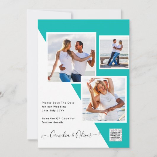 Turquoise Photo Wedding Invite QR Code Save Date Kaart (Voorkant)
