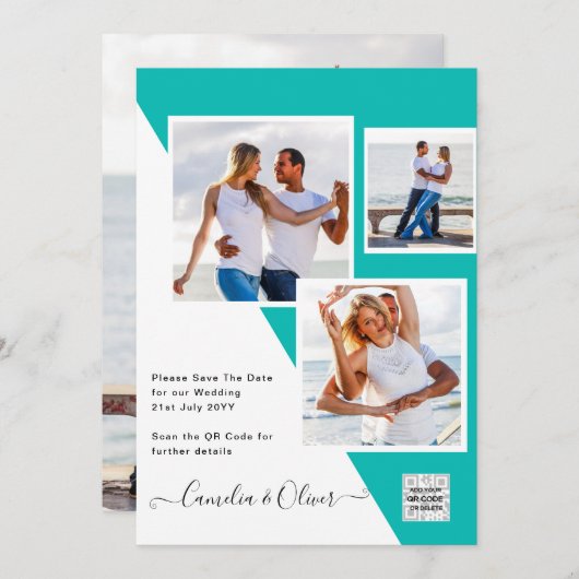 Turquoise Photo Wedding Invite QR Code Save Date Kaart (Voorkant / Achterkant)