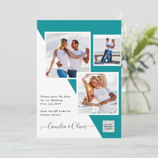 Turquoise Photo Wedding Invite QR Code Save Date Kaart (Staand voorkant)