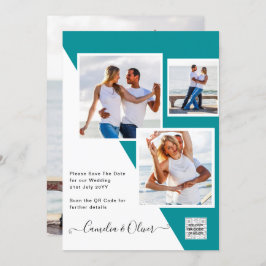 Turquoise Photo Wedding Invite QR Code Save Date Kaart