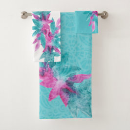 Turquoise Pink Abstracte Hawaiian Flowers Bad Handdoek