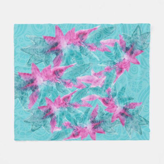 Turquoise Pink Abstracte Hawaiian Flowers Fleece Deken (Voorkant (Horizontaal))
