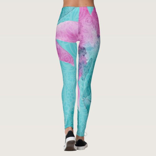 Turquoise Pink Abstracte Hawaiian Flowers Leggings (Achterkant)