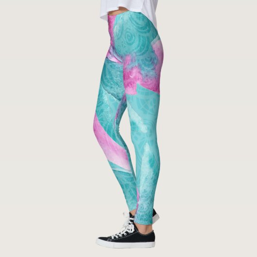 Turquoise Pink Abstracte Hawaiian Flowers Leggings (Links)