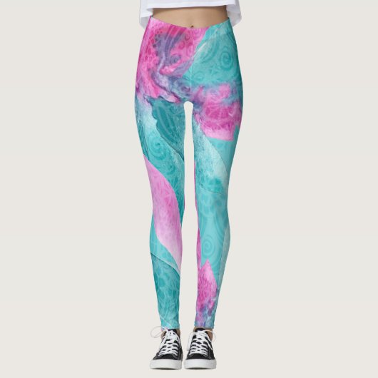 Turquoise Pink Abstracte Hawaiian Flowers Leggings (Voorkant)
