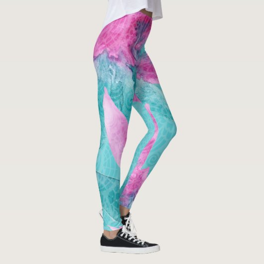 Turquoise Pink Abstracte Hawaiian Flowers Leggings (Rechts)