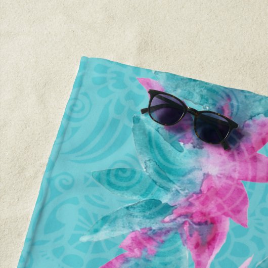 Turquoise Pink Abstracte Hawaiian Flowers Strandlaken (In situ)