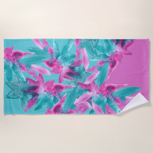 Turquoise Pink Abstracte Hawaiian Flowers Strandlaken (Voorkant)
