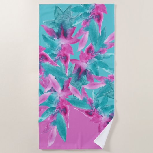 Turquoise Pink Abstracte Hawaiian Flowers Strandlaken (Voorkant)