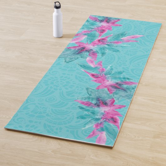 Turquoise Pink Abstracte Hawaiian Flowers Yogamat (In situ)