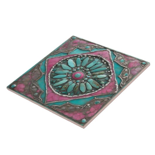Turquoise & Pink Boho Mosaic Mandala Artwork Tegeltje (Zijkant)