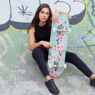 Turquoise Pink Cherry Blossom Persoonlijk Skateboard