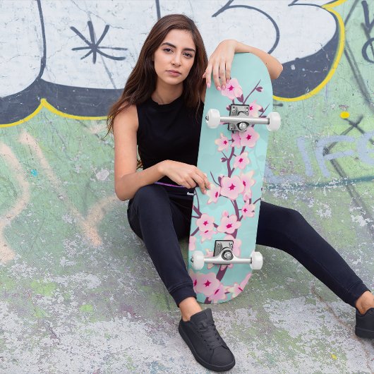 Turquoise Pink Cherry Blossom Persoonlijk Skateboard
