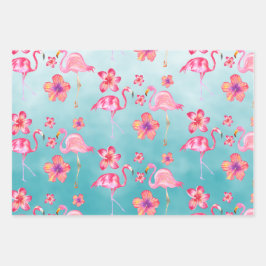 Turquoise Pink Flamingoes & Pink Hibiscus 2 Inpakpapier Vel