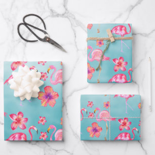 Turquoise Pink Flamingoes & Pink Hibiscus 2 Inpakpapier Vel