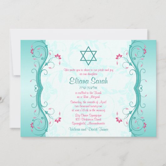 Turquoise Pink Floral Bat Mitzvah Uitnodiging (Voorkant)