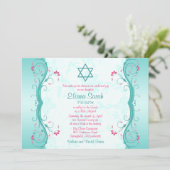 Turquoise Pink Floral Bat Mitzvah Uitnodiging (Staand voorkant)