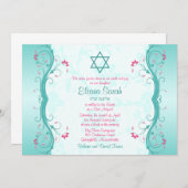 Turquoise Pink Floral Bat Mitzvah Uitnodiging (Voorkant / Achterkant)