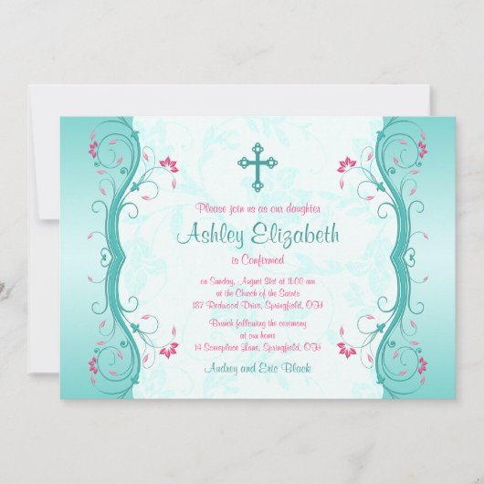 Turquoise Pink Floral Confirmation Kaart (Voorkant)