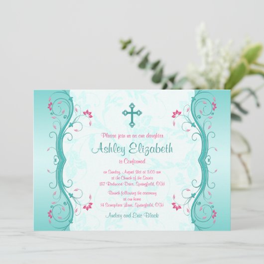 Turquoise Pink Floral Confirmation Kaart (Staand voorkant)