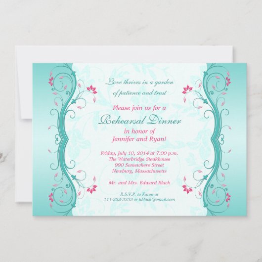 Turquoise Pink Floral Rehearsal Dinner Invitation Kaart (Voorkant)