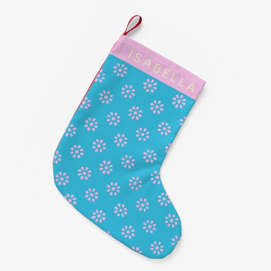 Turquoise Pink Flowers Boho Pattern Gepersonalisee Kleine Kerstsok (Voorkant (Hangend))