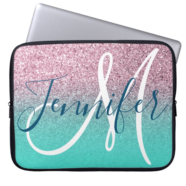 Turquoise Pink Glitter Ombre Girly Monogram Laptop Sleeve (Voorkant)