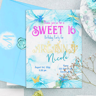 Turquoise Pink Gold Sweet 16 Floral Letters Folie Uitnodiging