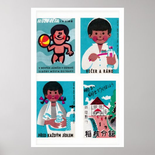 Turquoise & Pink Matchbox Labels Grid Print (Voorkant)