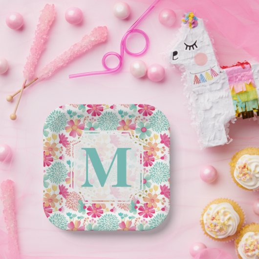 Turquoise Pink Painted Floral monogram Napkins Papieren Bordje (Feest)