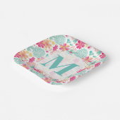 Turquoise Pink Painted Floral monogram Napkins Papieren Bordje (Gebogen)